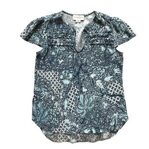 Charlotte Brody Amor Blouse Top Shirt Womens XS Blue White Silk Aqua Trellis